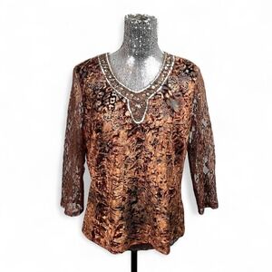 Whimsigoth Velvet Burnout Floral V-Neck Sequin Lace Sleeve Top Fairy Goth Large